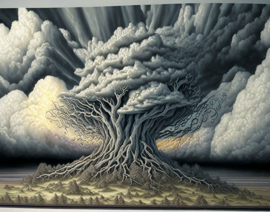 Surreal painting of tree merging with stormy sky