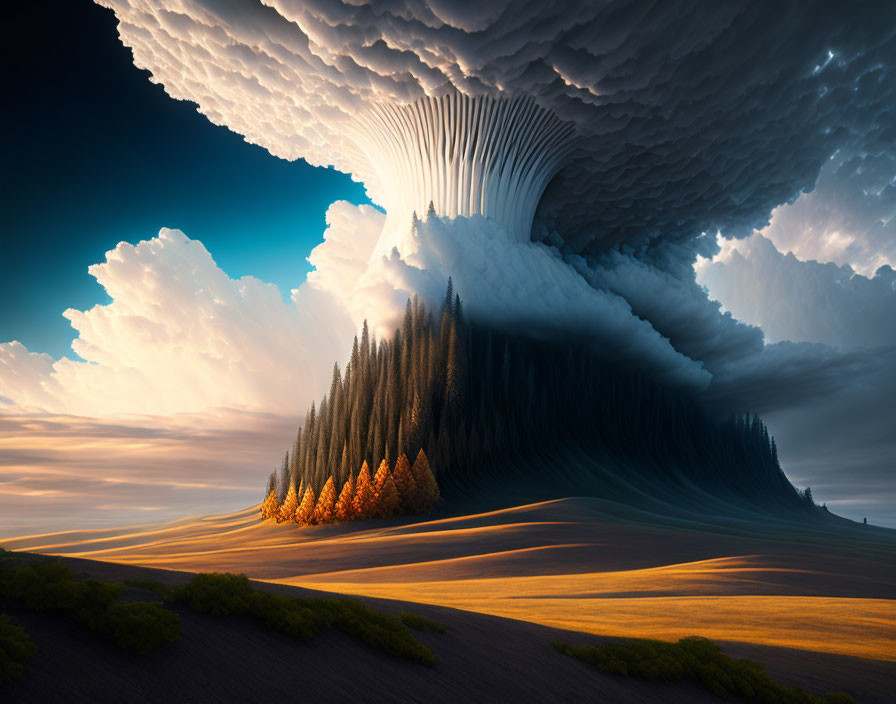 Surreal landscape with floating island above golden dunes