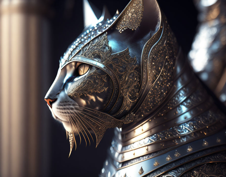 Detailed digital artwork: Anthropomorphic cat in medieval armor