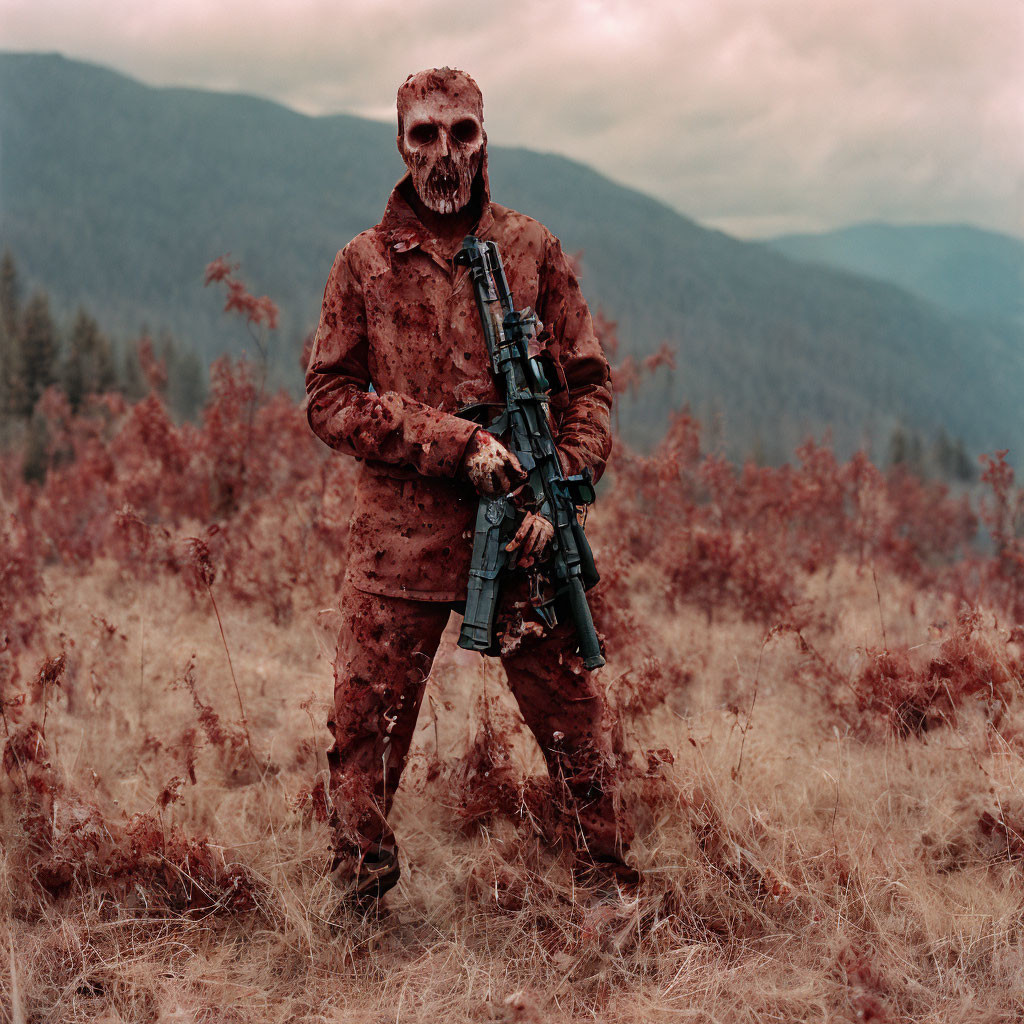 Person in skull mask with rifle in misty mountain field