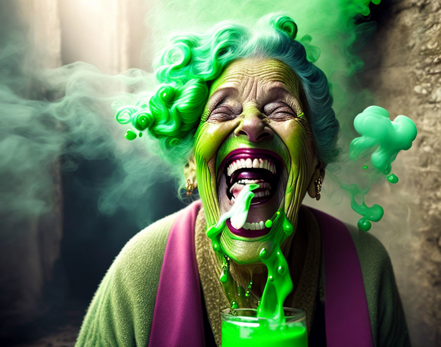 Elderly woman with vibrant green hair drinking bubbly liquid