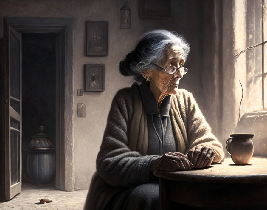 Elderly woman in glasses sitting at wooden table with soft light.