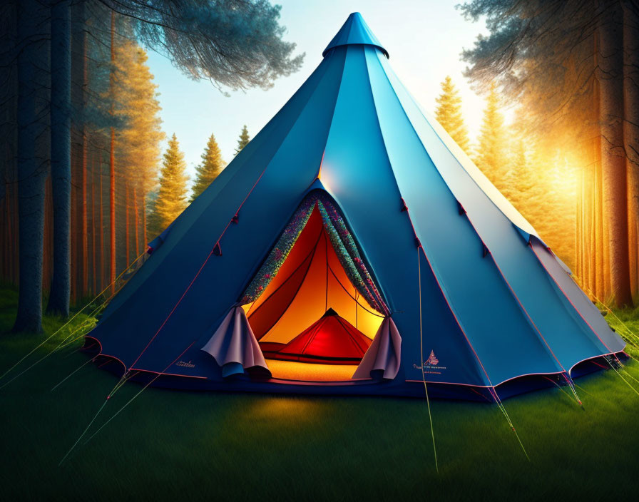 Blue tent in tranquil forest at dusk with red entrance highlighted by sunlight