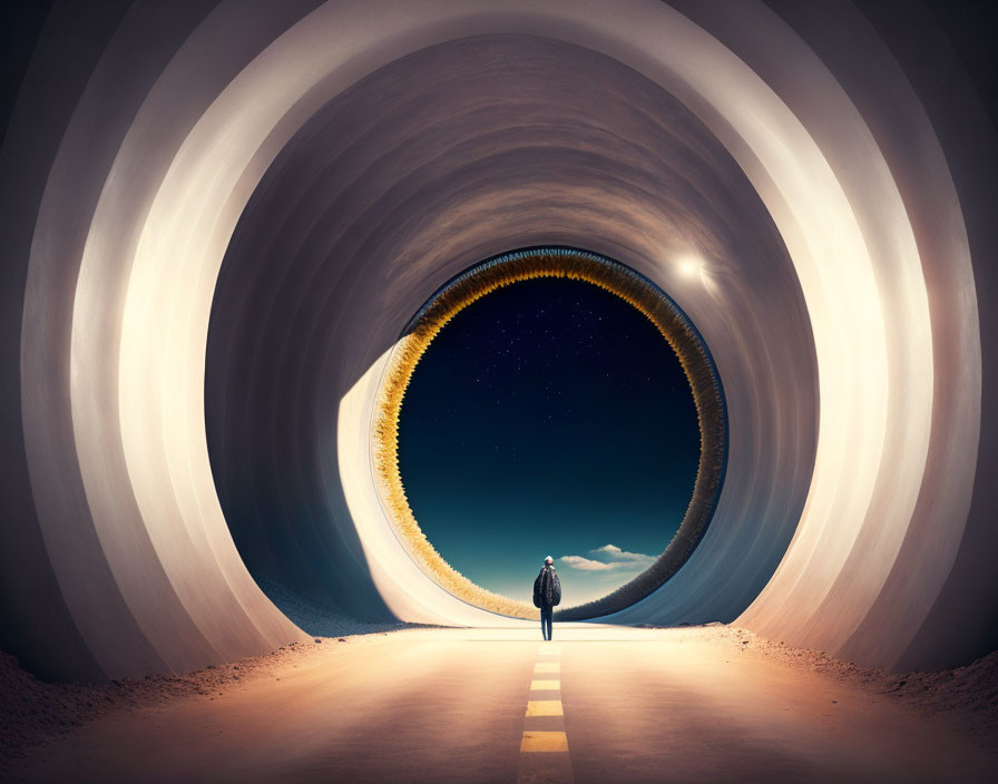 Surreal tunnel entrance with starry night sky and road.