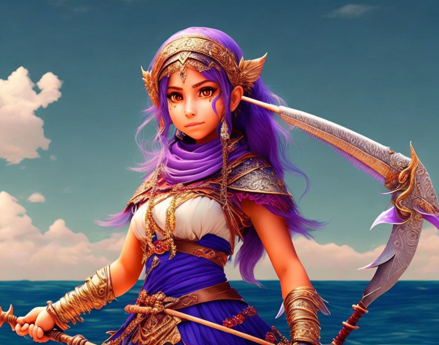 Female warrior in purple attire with dual-bladed weapon under cloudy sky