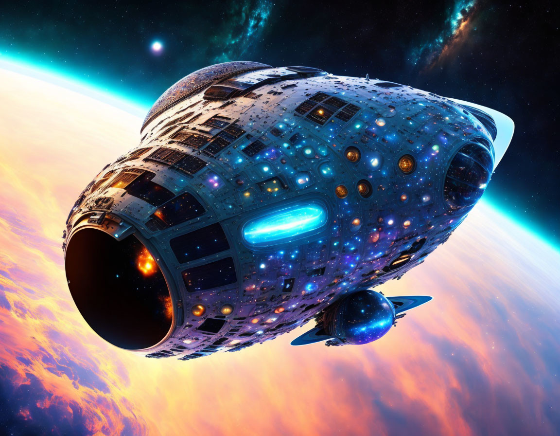 Futuristic spaceship with glowing engines in vibrant cosmos