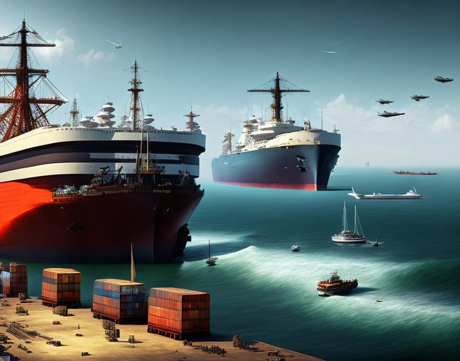 Port scene: Large ships, cargo containers, small boats, and aircraft in clear sky