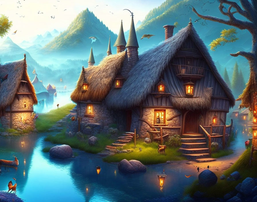 Tranquil fantasy village with thatched-roof cottages, river, mountains, greenery,