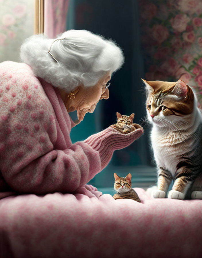 Elderly woman in pink sweater with tabby cat and cat figurine by window