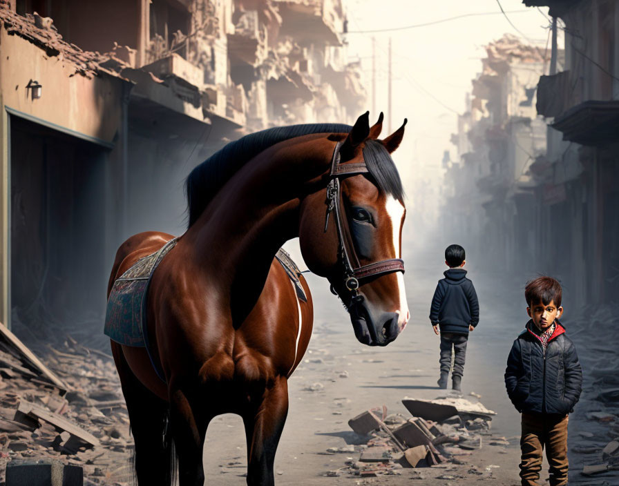 Horse and boy in desolate urban street scene