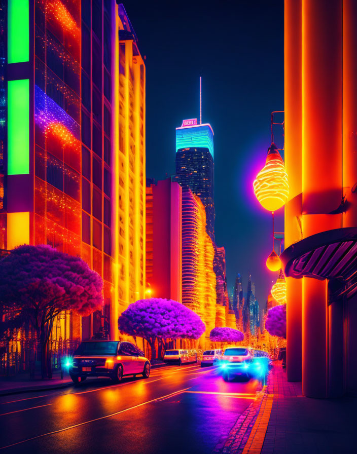Vibrant neon-lit cityscape at night with glowing purple trees and illuminated buildings