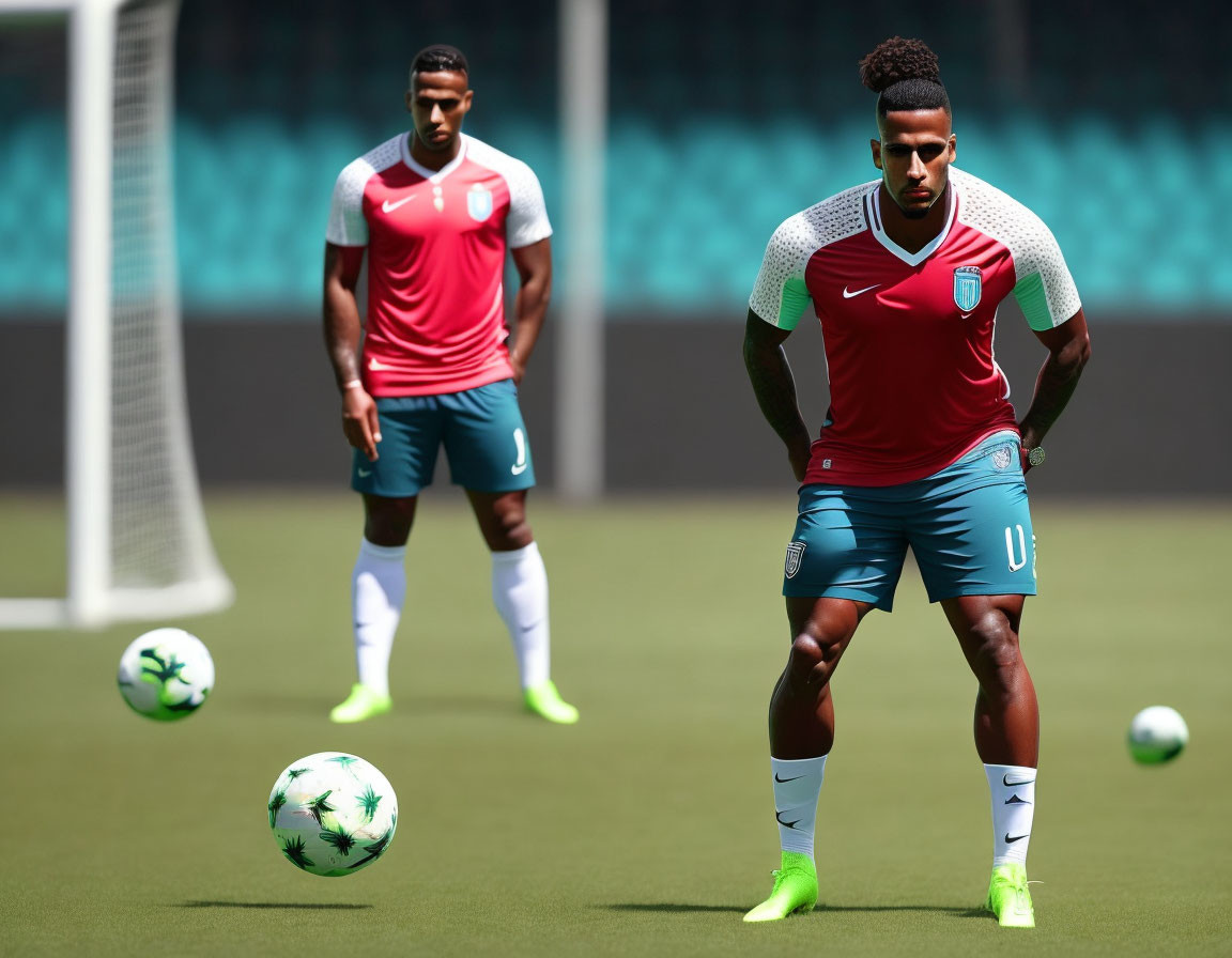 Soccer players in turquoise kits training on pitch