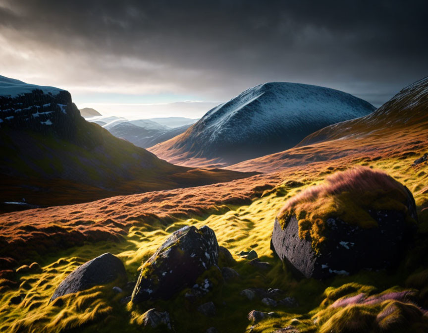 Snow-dusted mountains and moss-covered rocks in rugged valley at sunrise or sunset