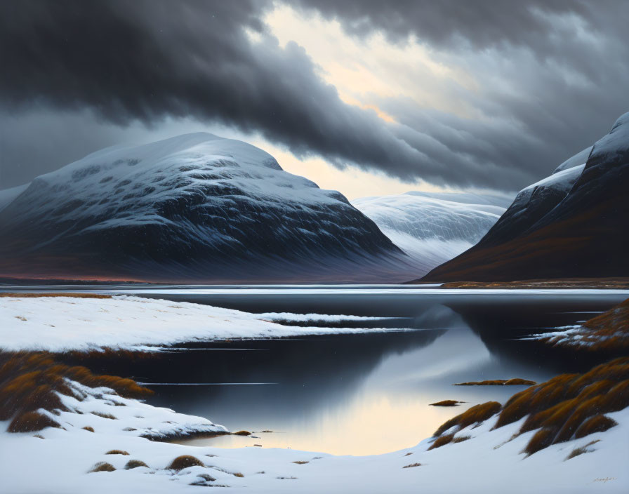 Snow-capped mountains reflected in serene lake under dramatic sky