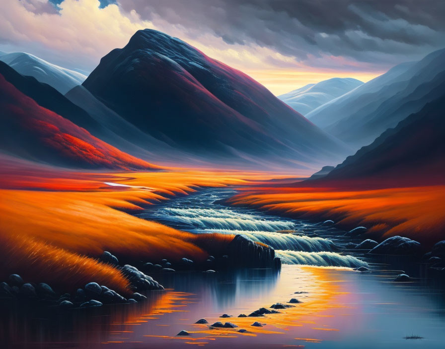 Sunset river landscape with orange and red hues reflecting on water and mountains