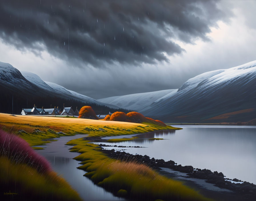 Storm clouds over lake with autumn trees and houses.