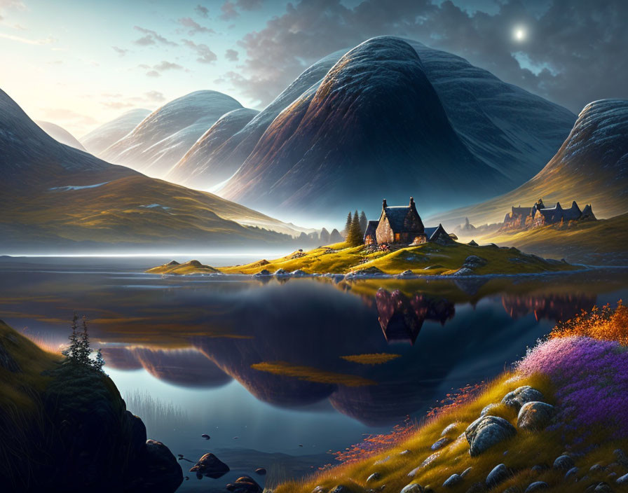 Tranquil fantasy landscape: cabin by lake, mountains, celestial body, rich colors.