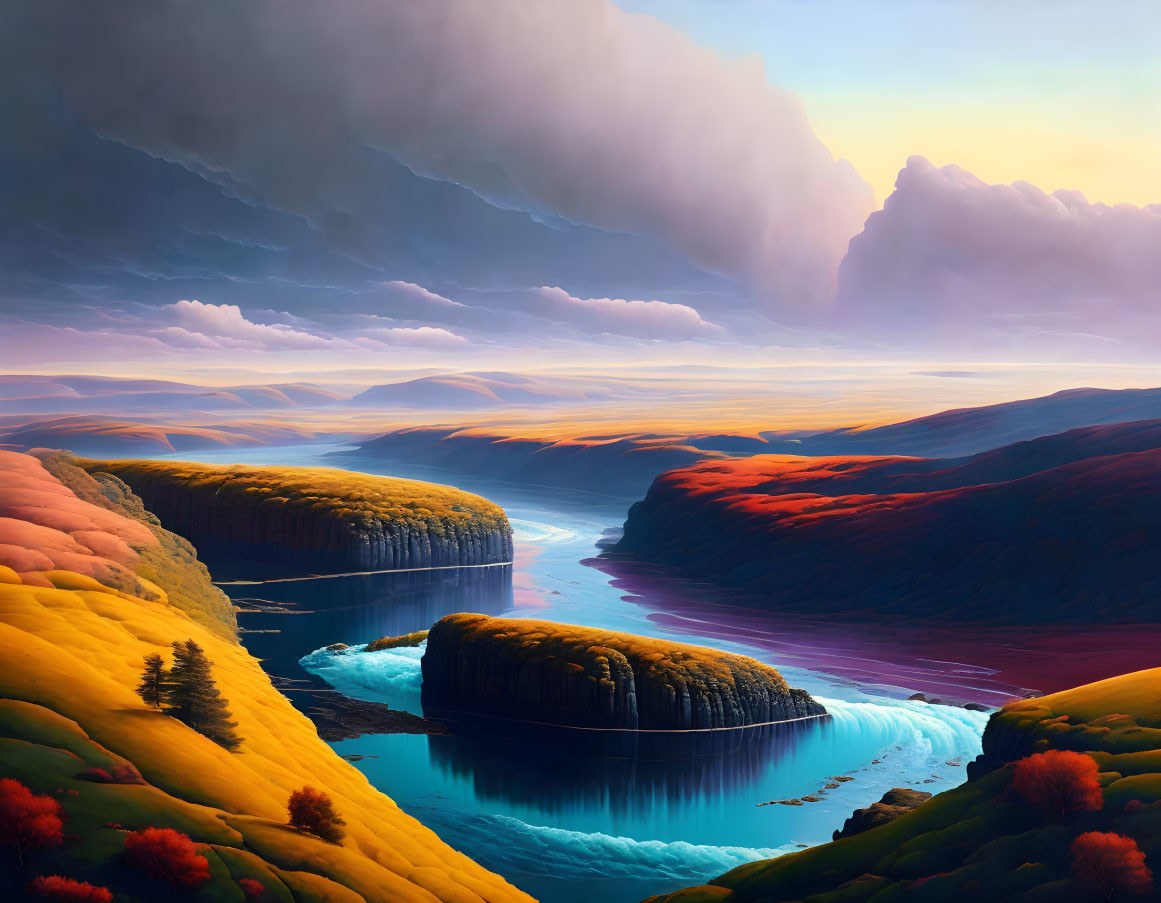 Colorful digital artwork: surreal landscape, winding river, terraced cliffs, dramatic sky