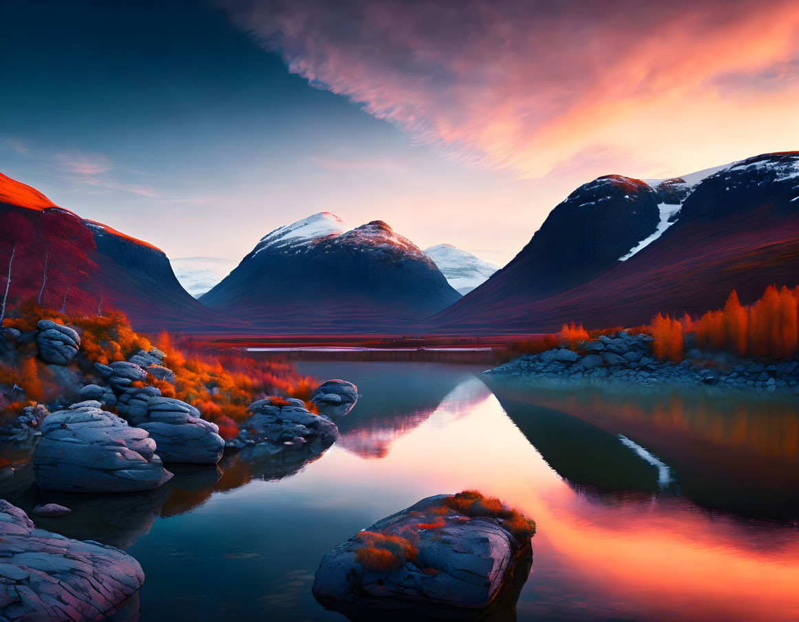 Tranquil sunset landscape with vibrant sky colors, still lake, autumn foliage, & mountain peaks