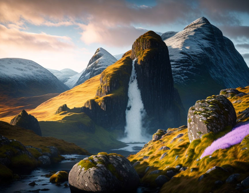 Majestic waterfall between lush green mountains under golden sky