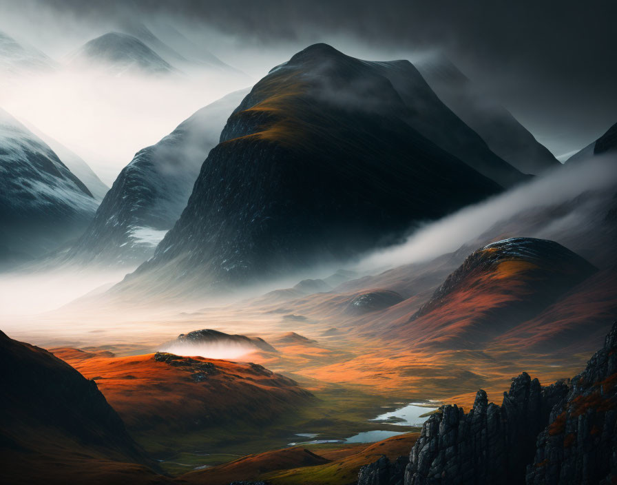 Scenic misty mountain landscape with sunlight on hills & cliffs