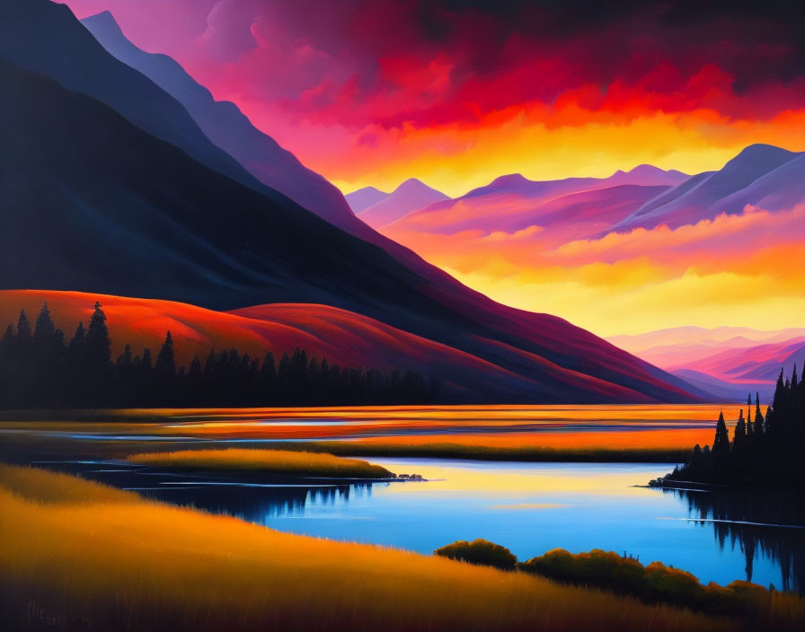 Scenic painting of serene lake at sunset with mountains and trees reflected