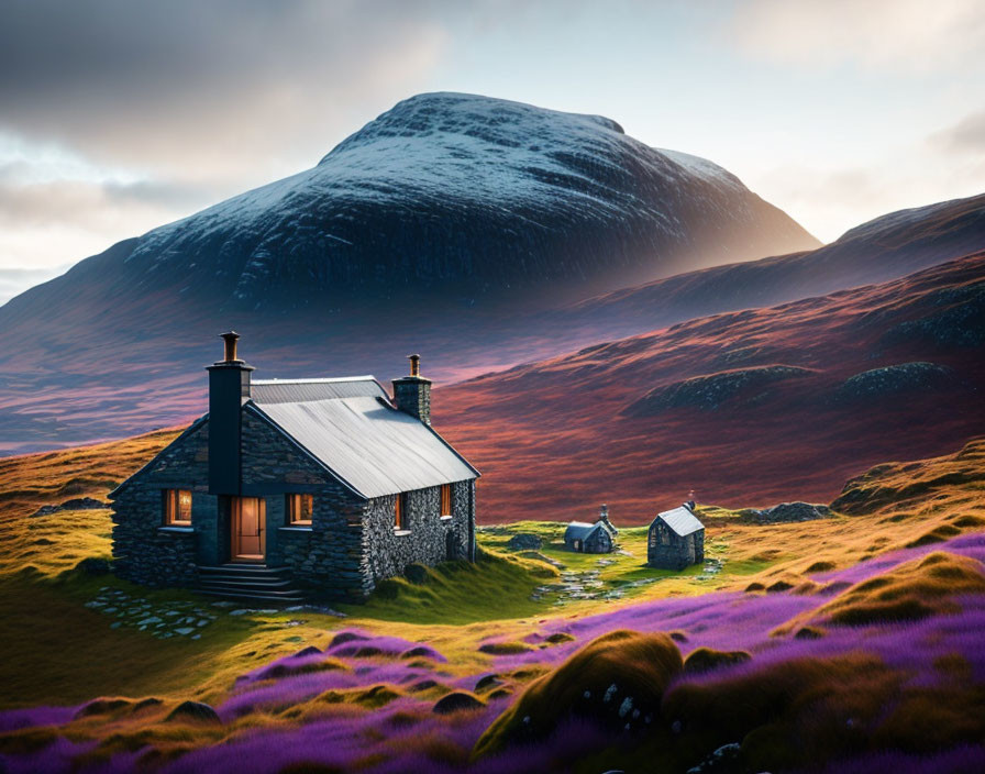 Stone cottage in purple heather field with mountains.