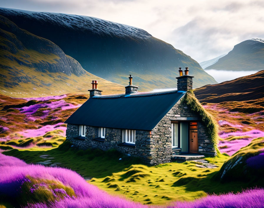 Stone cottage surrounded by purple heather and green hills under dramatic sky