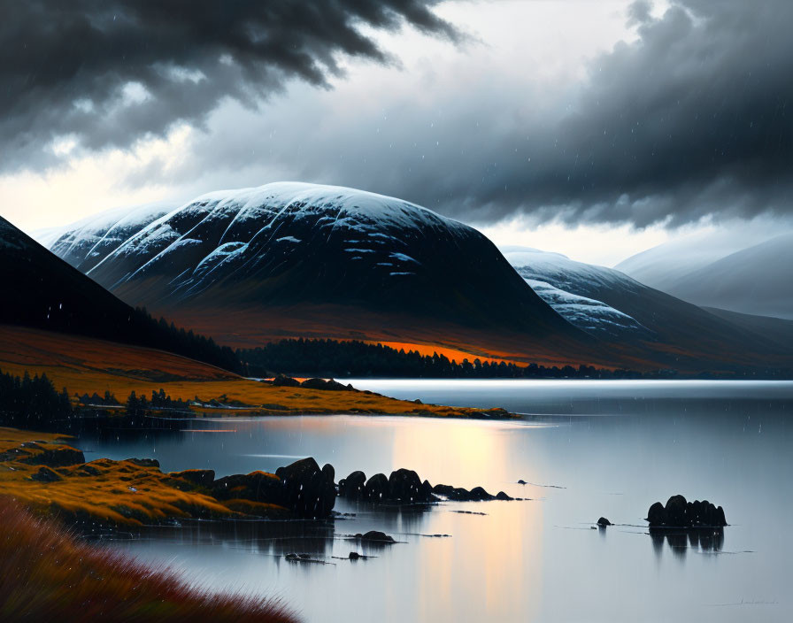 Snow-capped mountain reflected in still lake at twilight