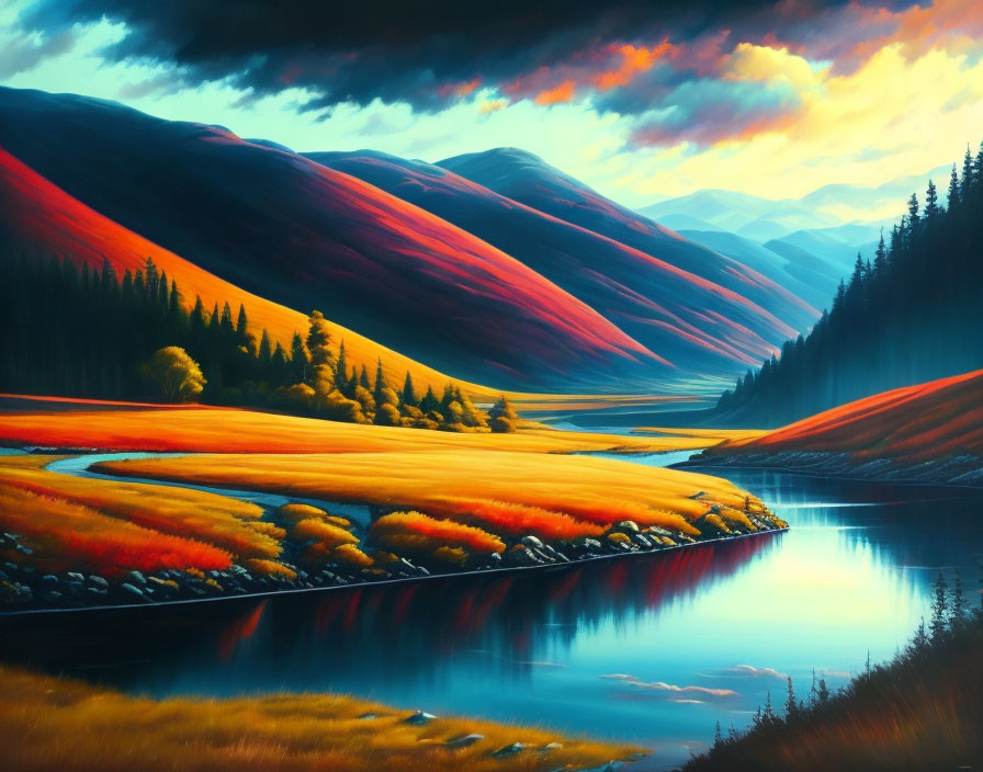 Colorful Valley: Serene River, Autumn Trees, Sunset Sky