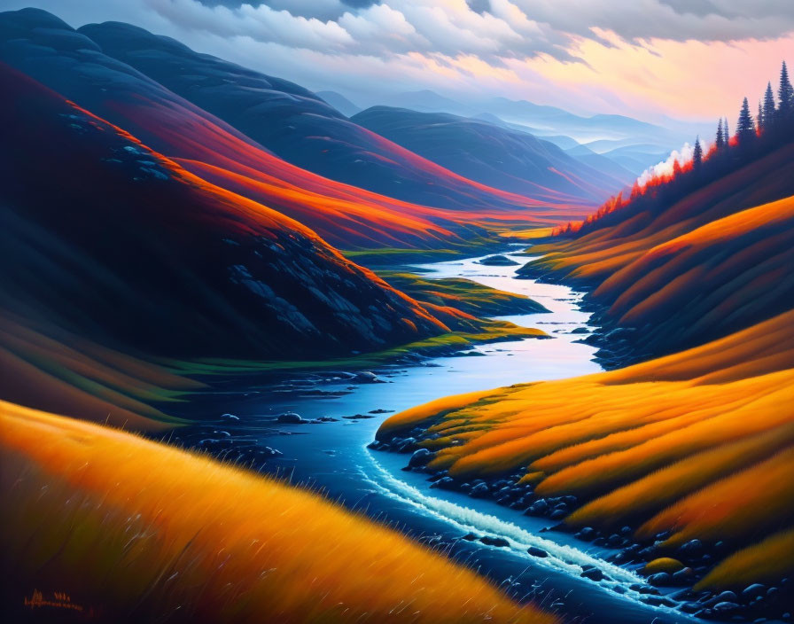 Colorful River Landscape Painting with Sunset Sky & Hills