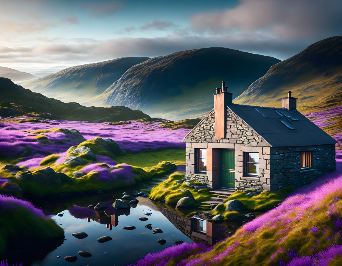 Stone Cottage in Purple Heather Field with Pond and Green Hills