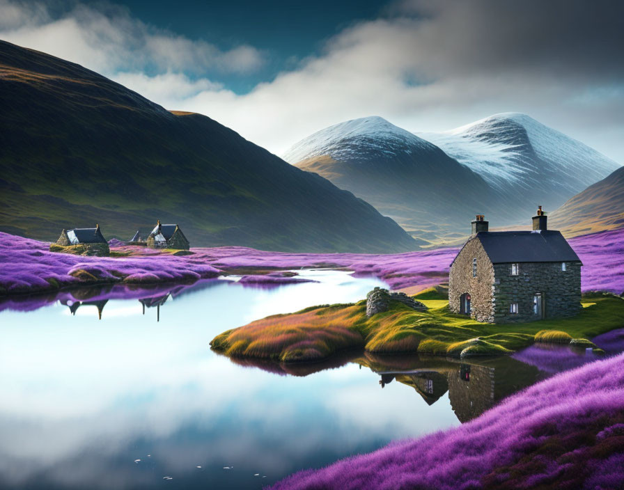 Tranquil stone house by river in snowy hills and purple fields