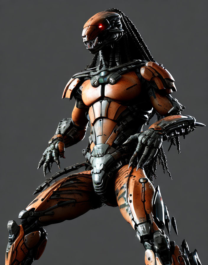 Detailed 3D Predator illustration in orange and black armor with glowing red eyes