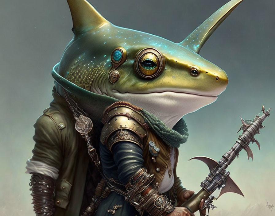 Fantasy armor-clad frog with mechanical eye, coat, scarf, and barbed spear