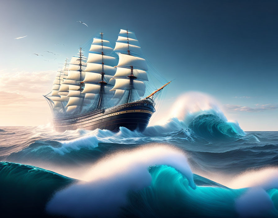 Sailing ship with multiple sails navigating turbulent sea