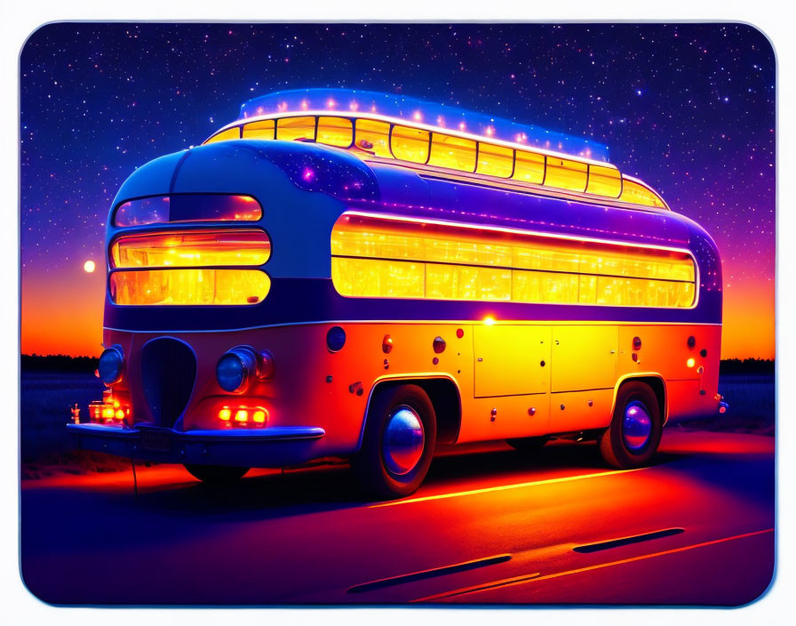 Vintage Bus Illuminated Under Starry Twilight Sky