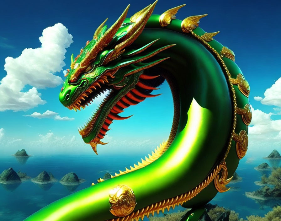 Detailed Green and Gold Dragon Over Tranquil Sea