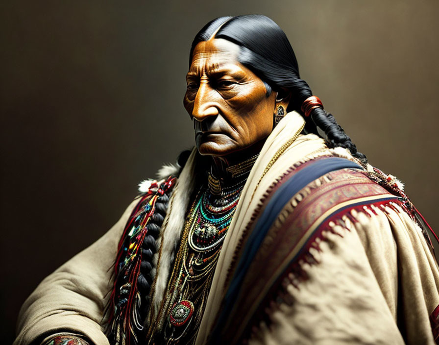 Native American man in traditional beaded clothing with braided hair