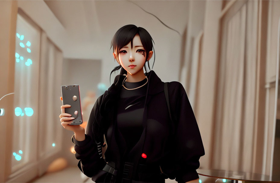 Stylized digital artwork of young woman with black hair and smartphone