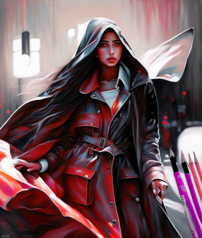 Stylized illustration of woman in red trench coat with cityscape background.