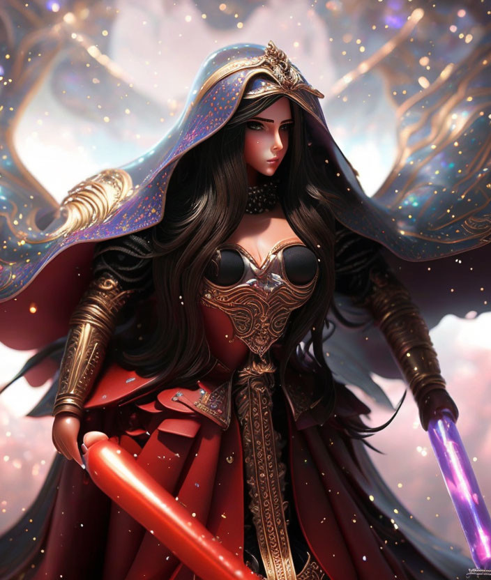 Illustrated female figure in hooded cape wields glowing swords