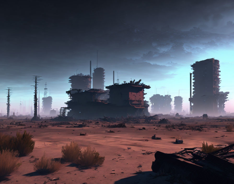 Desolate futuristic landscape with ruins and advanced technology.