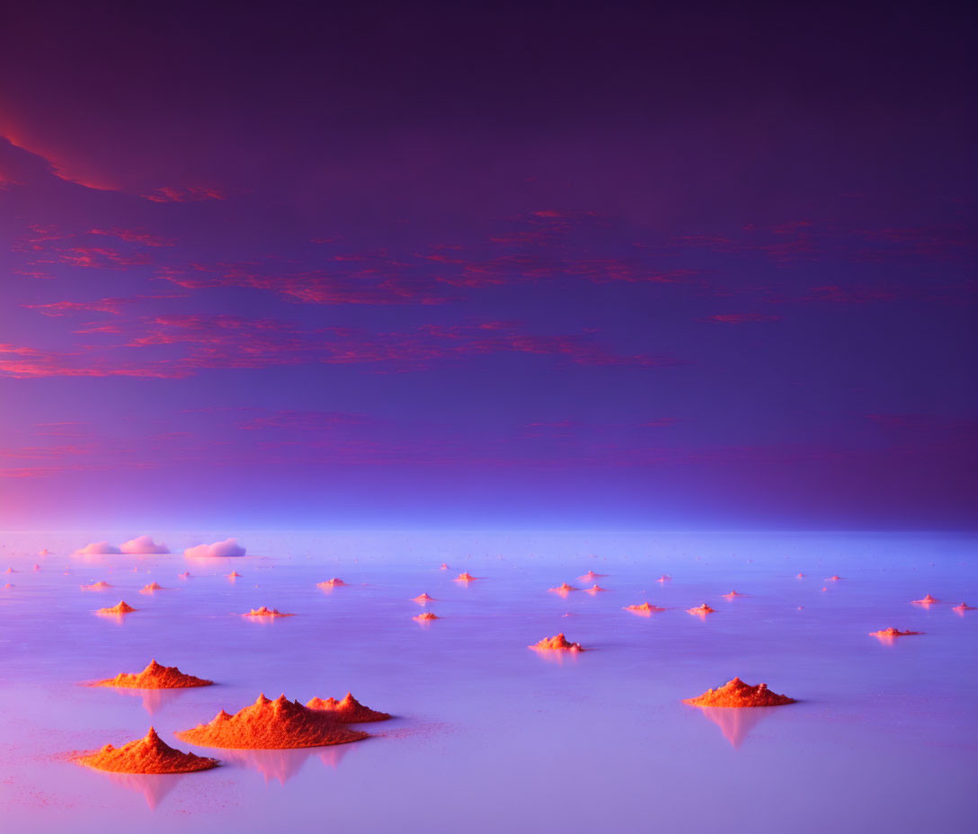 Twilight salt flat landscape with glowing purple hues