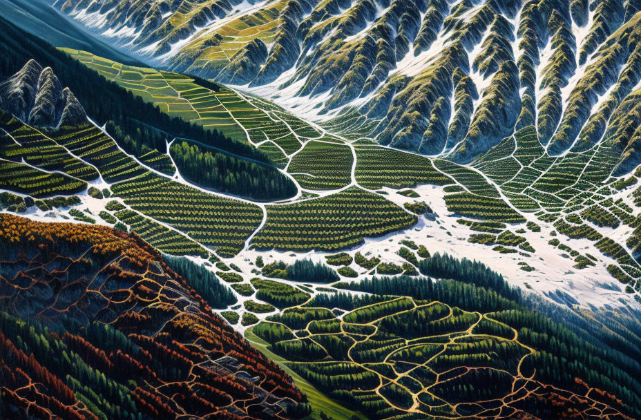 Verdant Valley Painting with Terraced Fields and Dense Forests