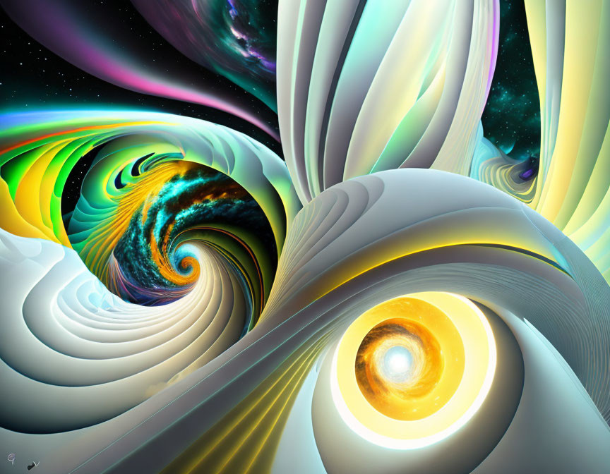 Colorful digital art: Cosmic motifs and abstract shapes in vivid swirls