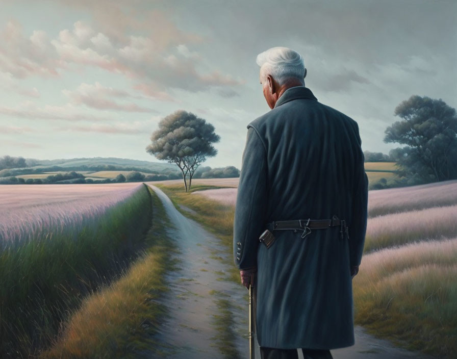 Elderly man with cane on rural path gazes at distant landscape