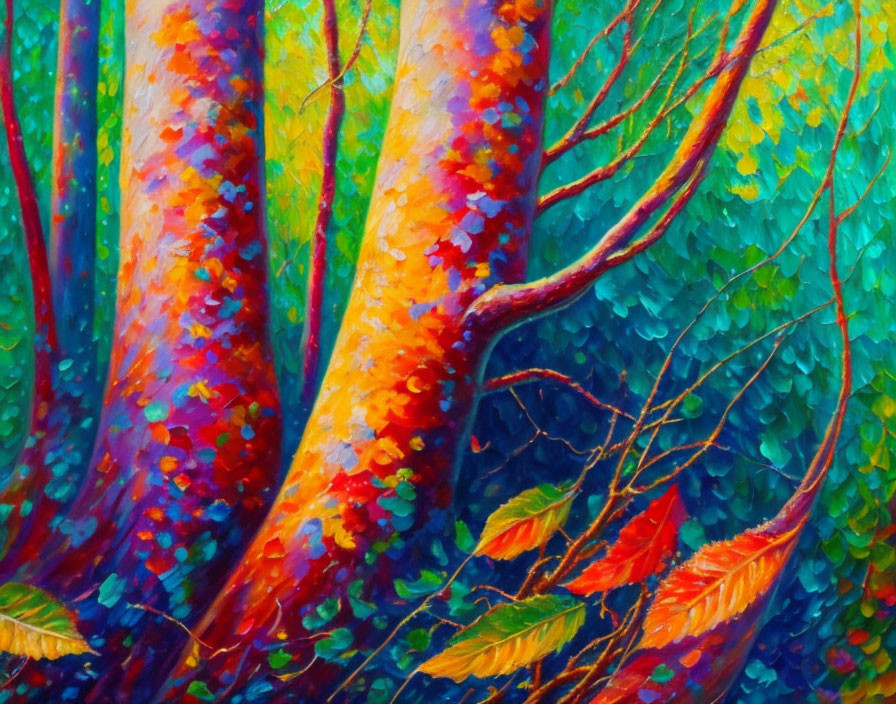 Colorful Impressionistic Painting of Tree Trunks in Lush Green Foliage