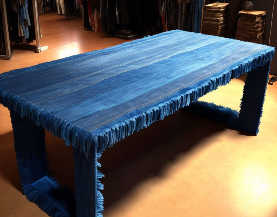 Blue Fringed Table with Elongated Top on Hardwood Floor