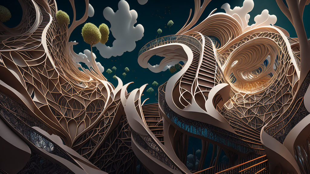 Surreal fantasy landscape with swirling tree-like structures and floating islands